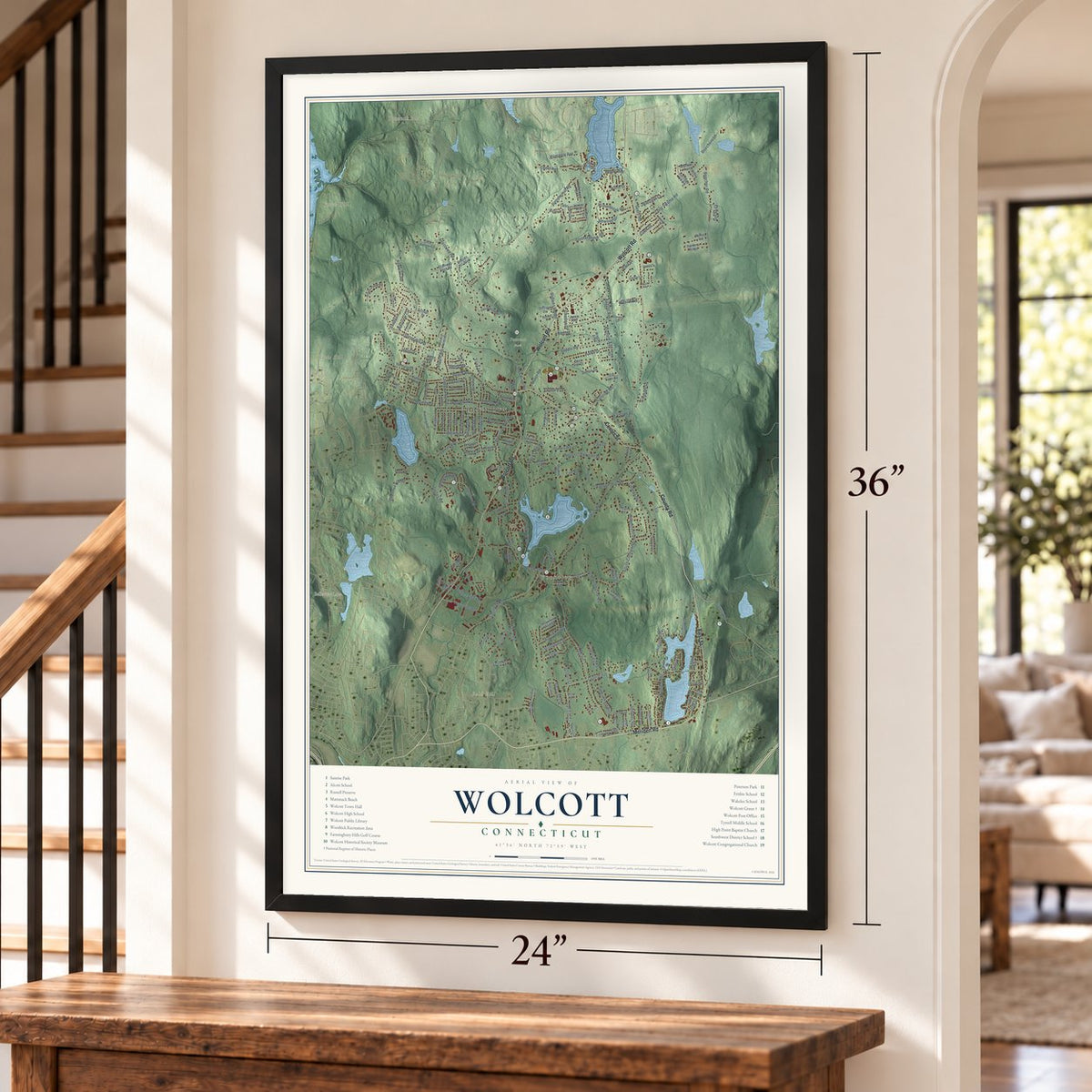 Wolcott, Connecticut map, 24 x 36 inch print in a black frame by a staircase