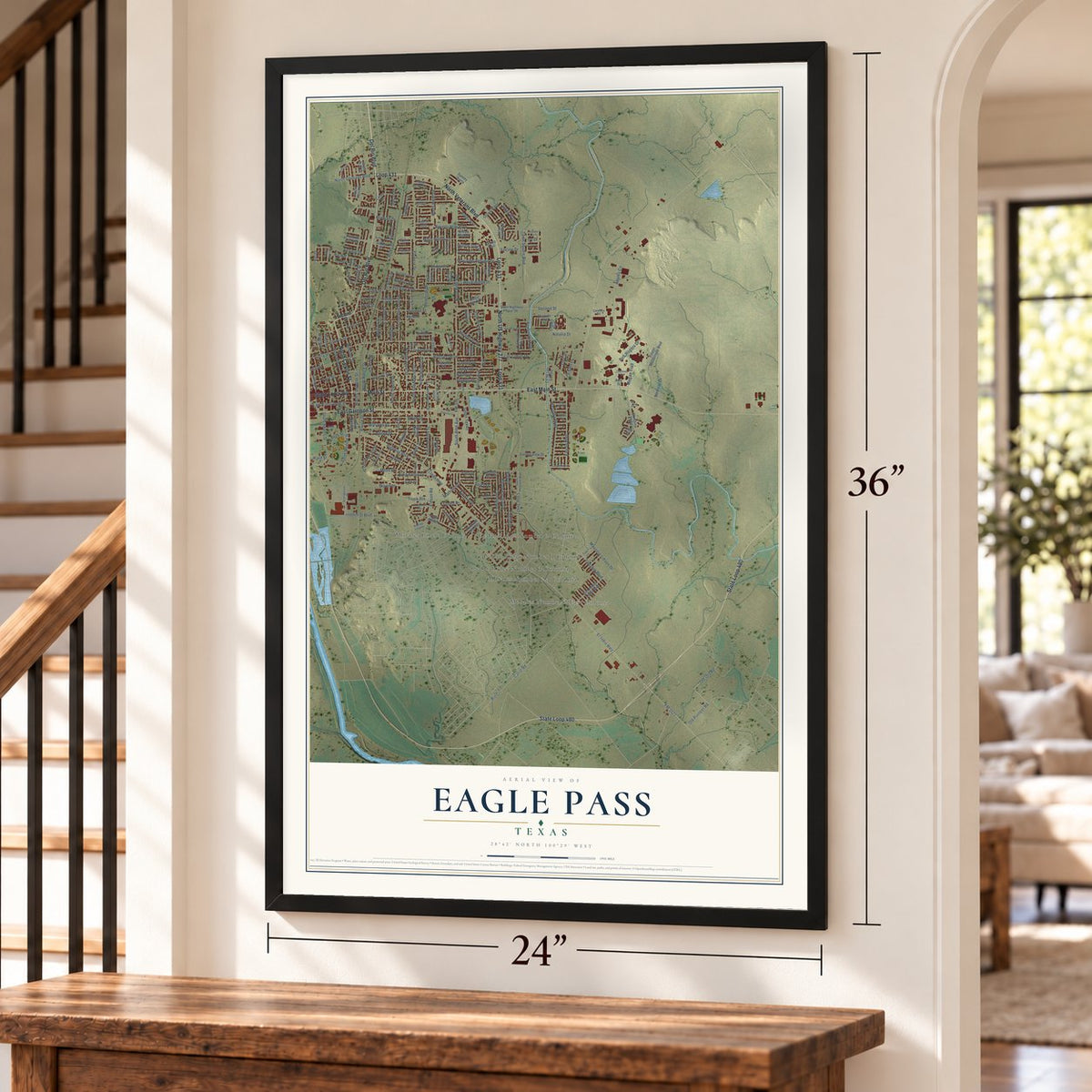 Eagle Pass, Texas map, 24 x 36 inch print in a black frame by a staircase