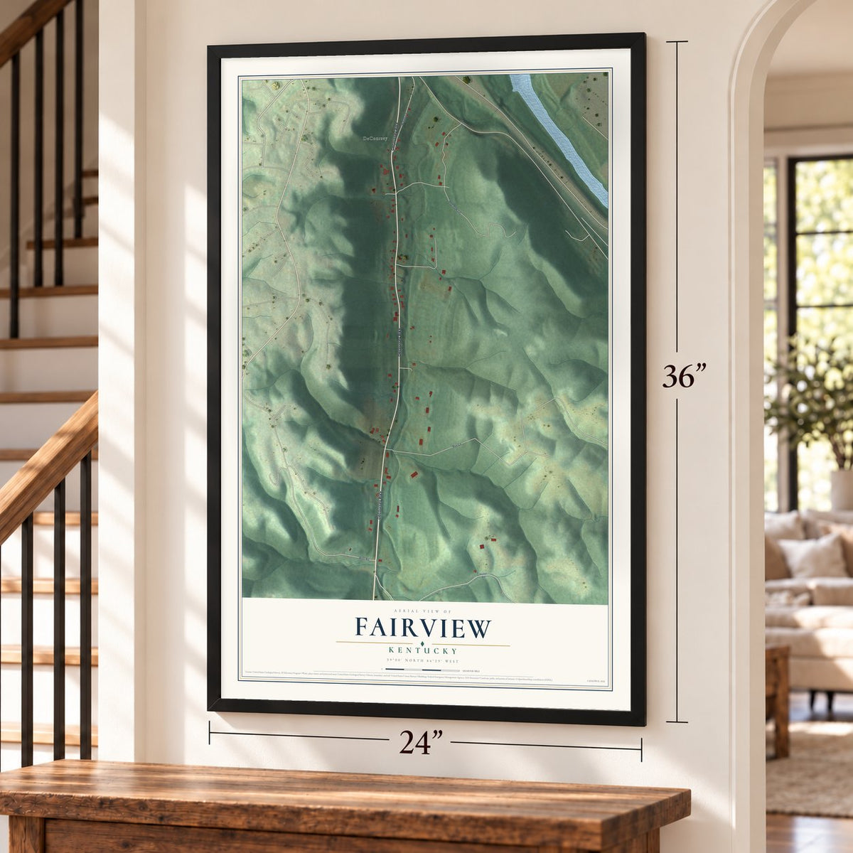 Fairview, Kentucky map, 24 x 36 inch print in a black frame by a staircase
