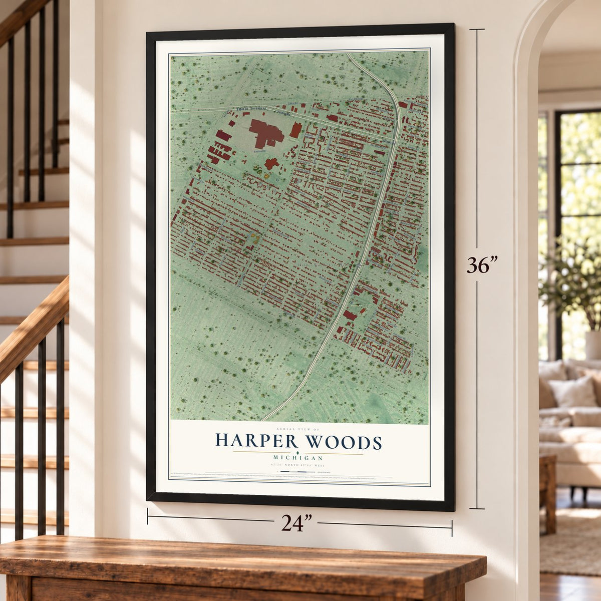 Harper Woods, Michigan map, 24 x 36 inch print in a black frame by a staircase