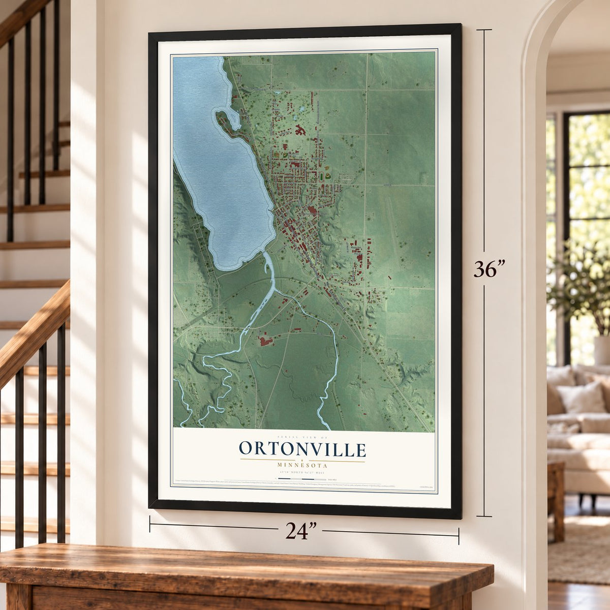 Ortonville, Minnesota map, 24 x 36 inch print in a black frame by a staircase