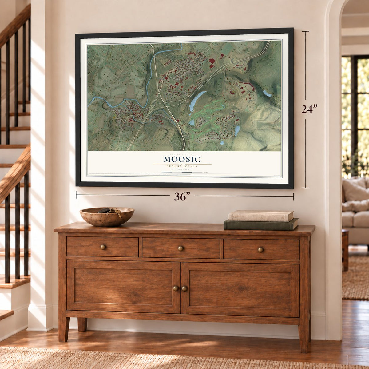 Moosic, Pennsylvania map, 24 x 36 inch print in a black frame above a dresser by a staircase