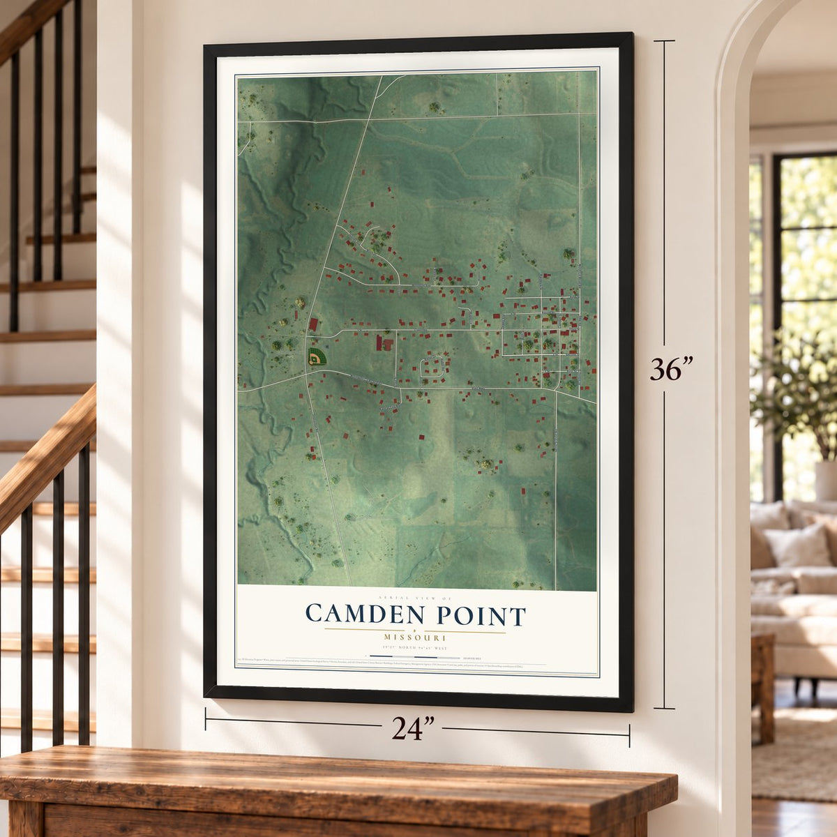 Camden Point, Missouri map, 24 x 36 inch print in a black frame by a staircase