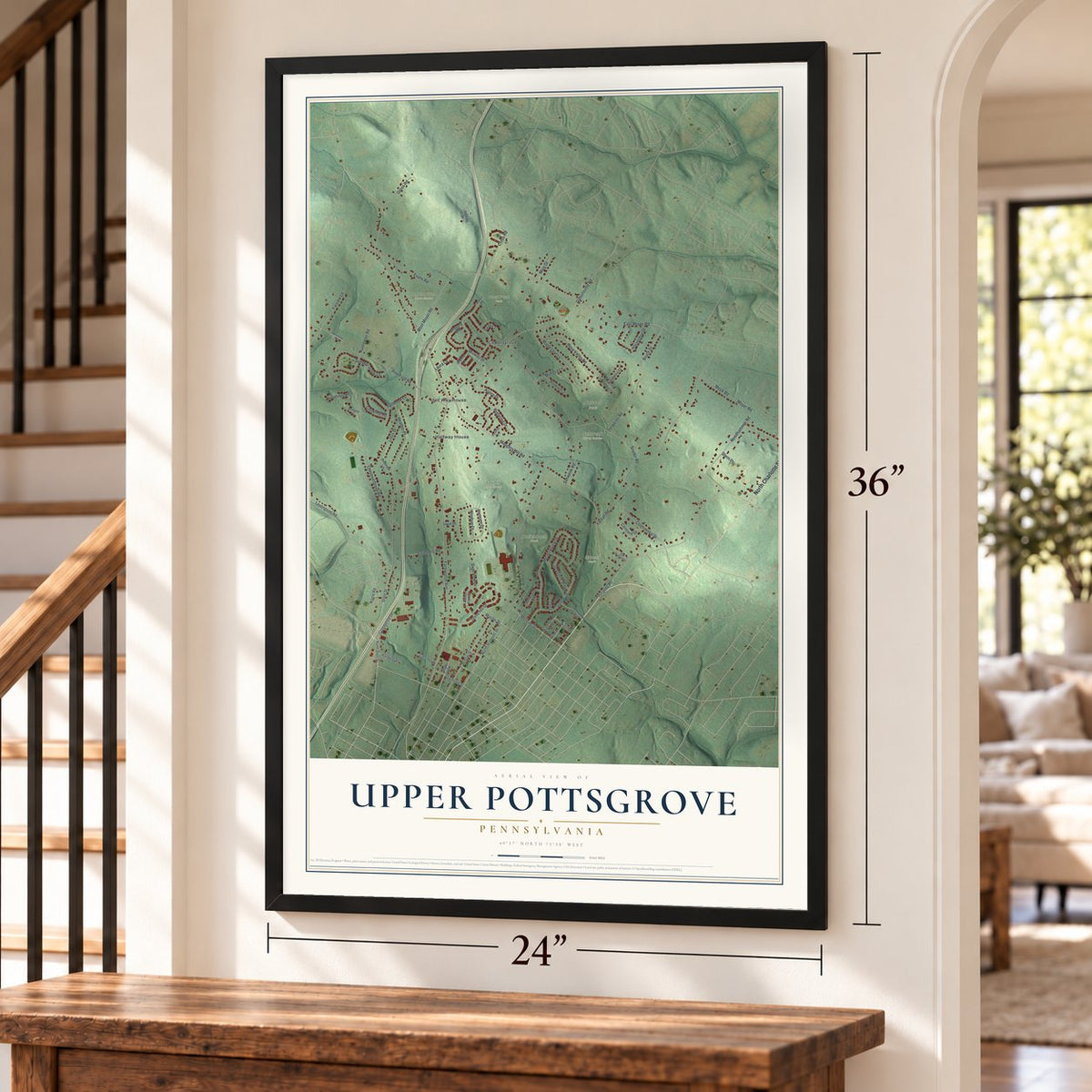 Upper Pottsgrove, Pennsylvania map, 24 x 36 inch print in a black frame by a staircase