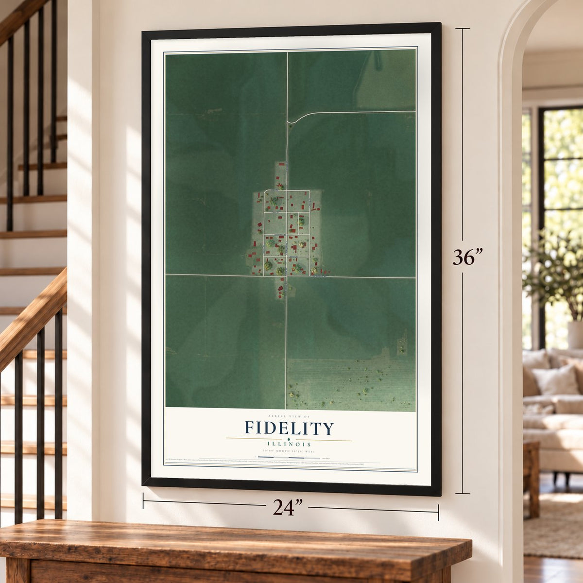 Fidelity, Illinois map, 24 x 36 inch print in a black frame by a staircase