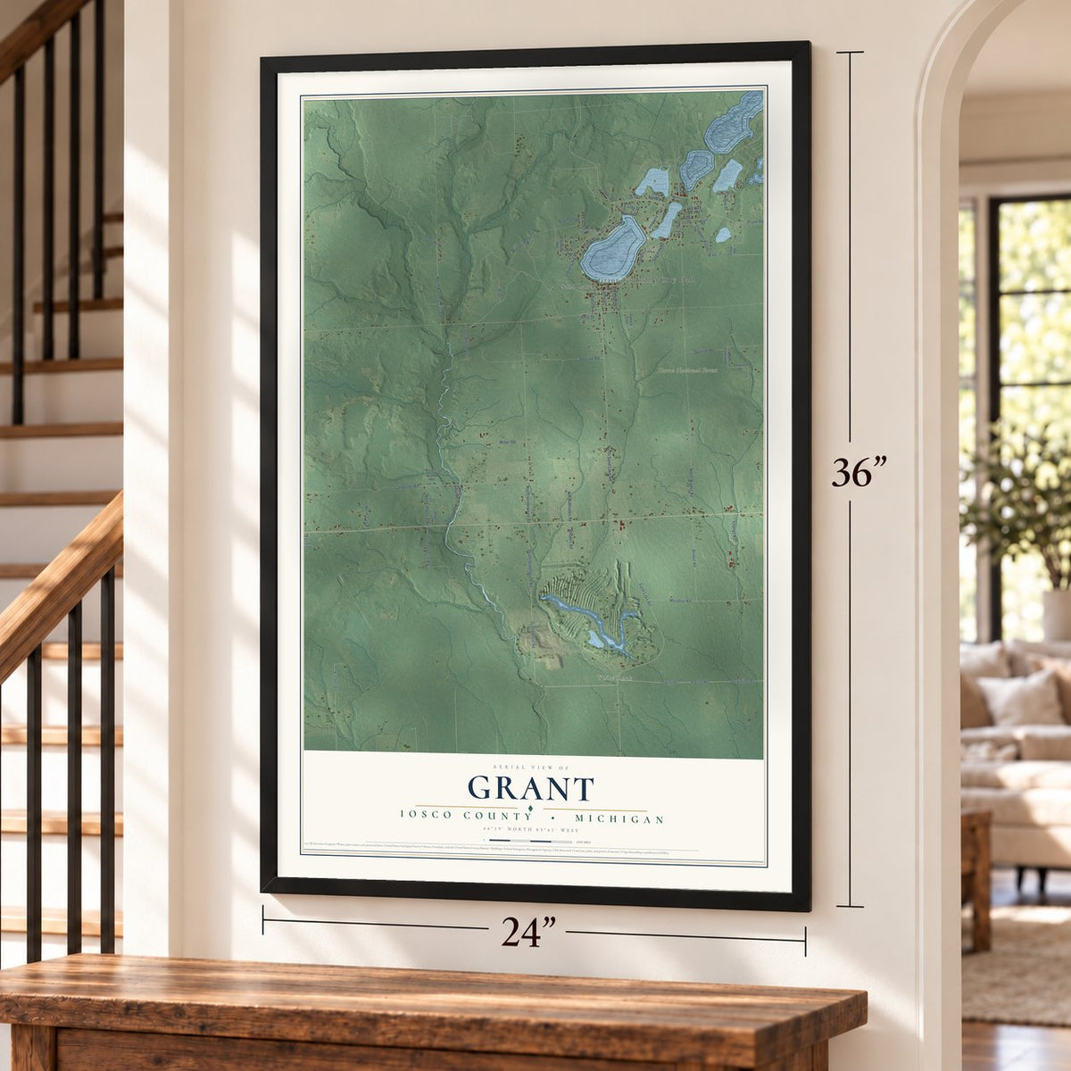 Grant, Iosco County, Michigan map, 24 x 36 inch print in a black frame by a staircase