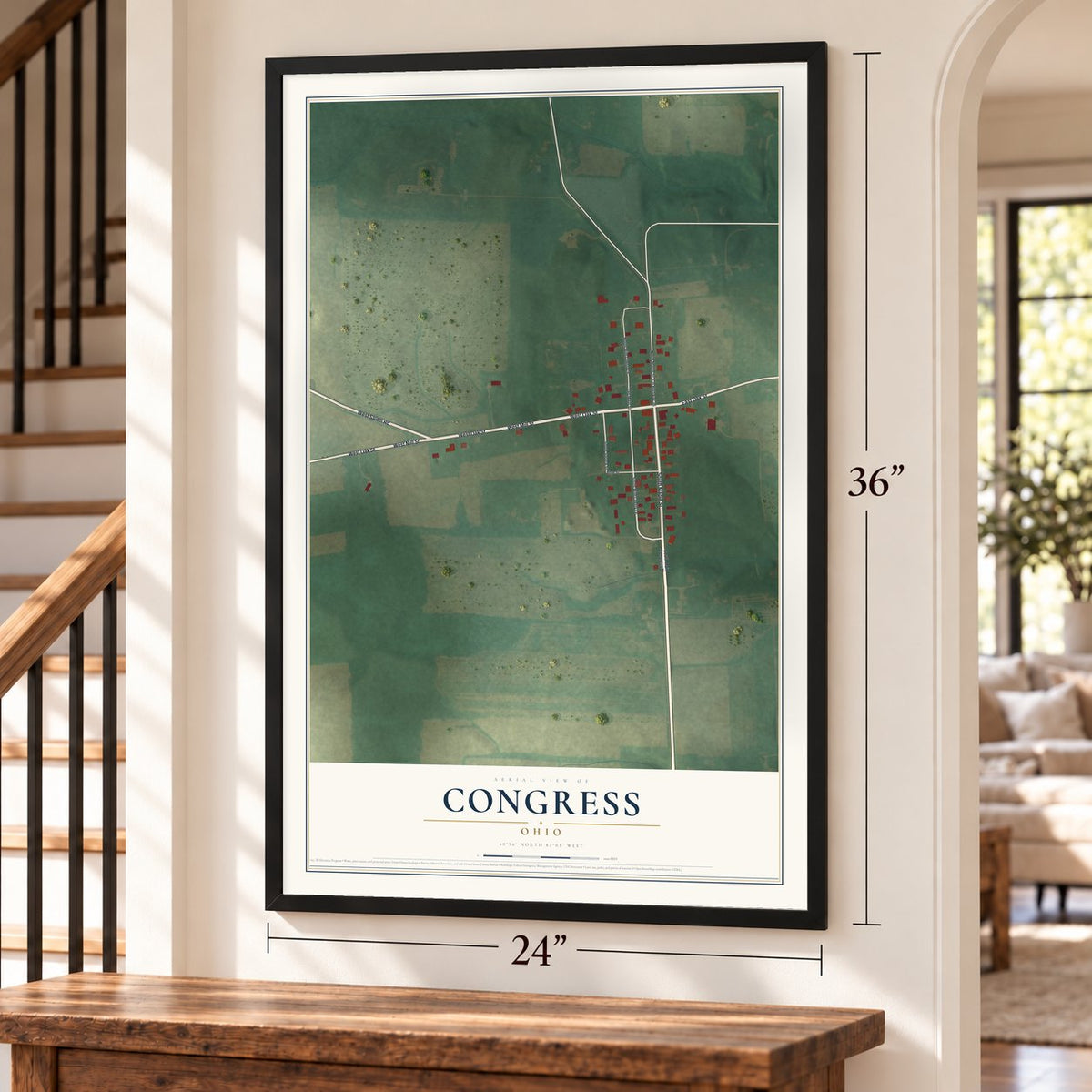 Congress, Ohio map, 24 x 36 inch print in a black frame by a staircase