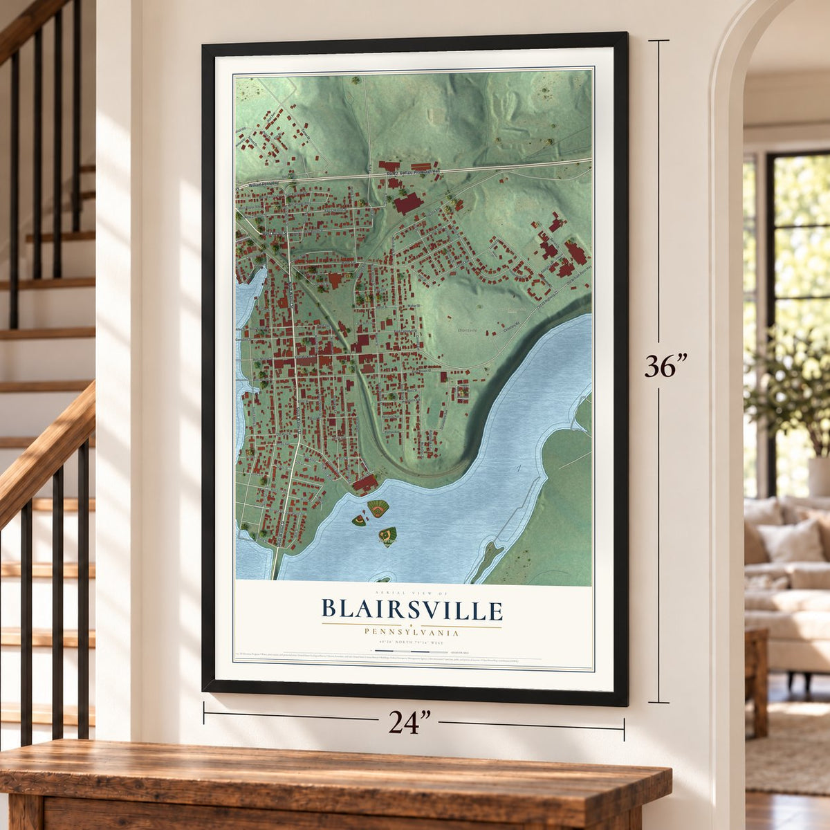 Blairsville, Pennsylvania map, 24 x 36 inch print in a black frame by a staircase