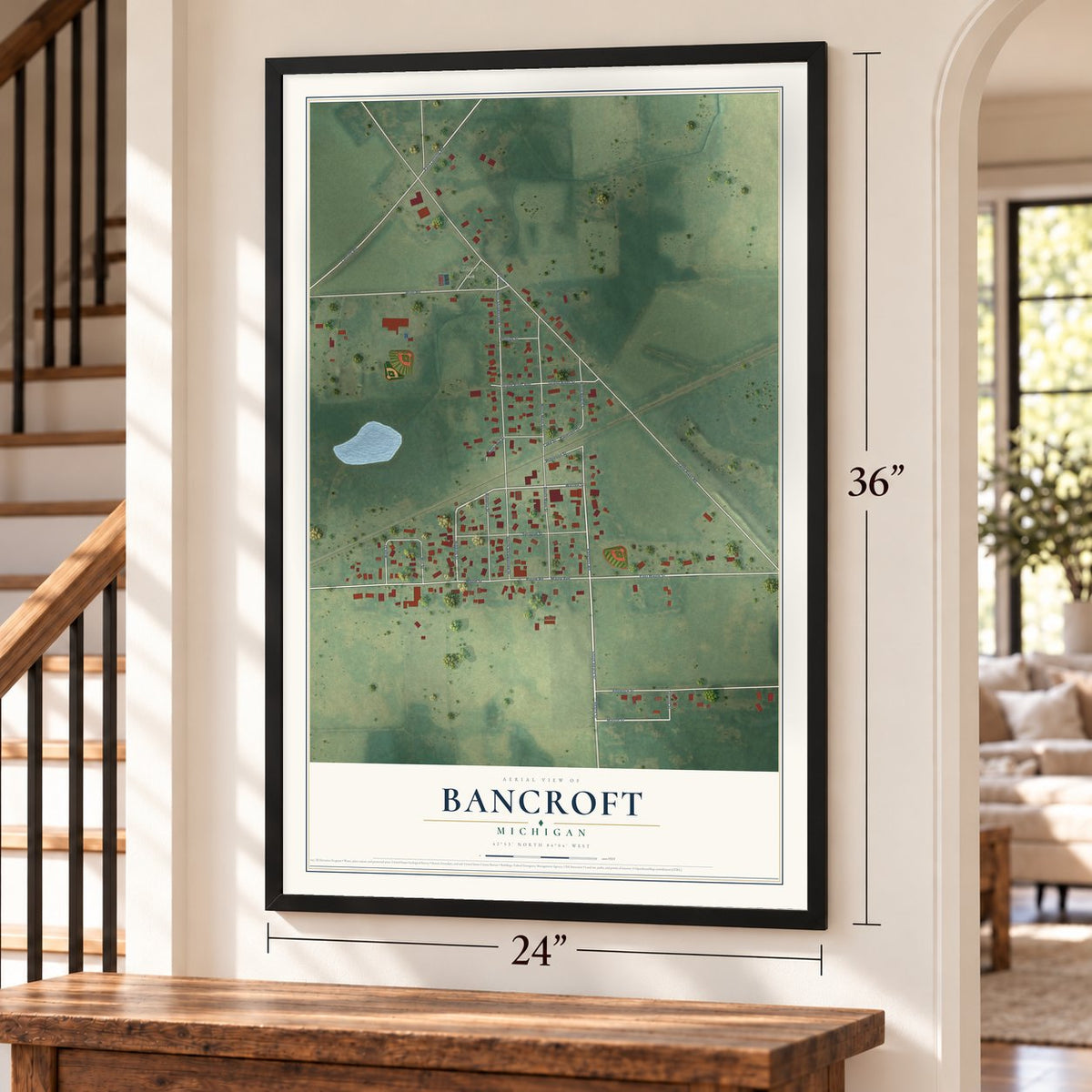 Bancroft, Michigan map, 24 x 36 inch print in a black frame by a staircase