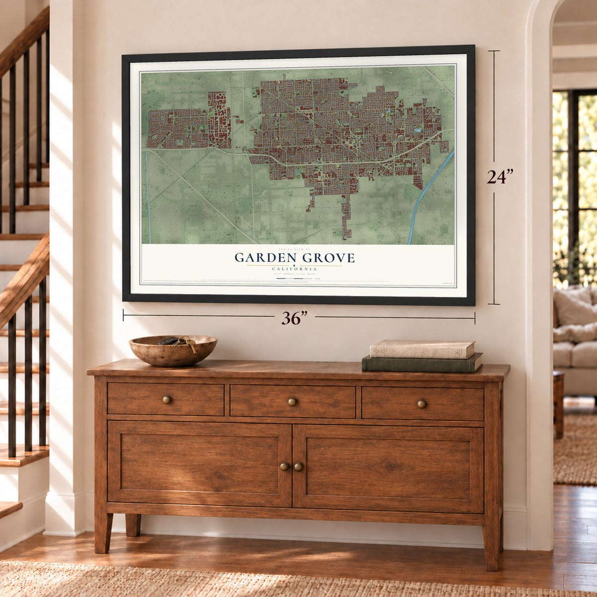 Garden Grove, California map, 24 x 36 inch print in a black frame above a dresser by a staircase