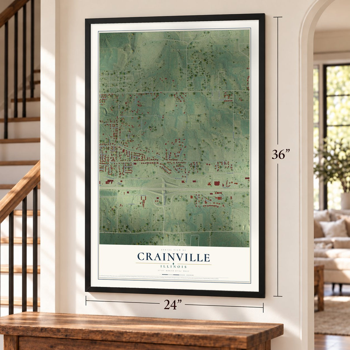 Crainville, Illinois map, 24 x 36 inch print in a black frame by a staircase