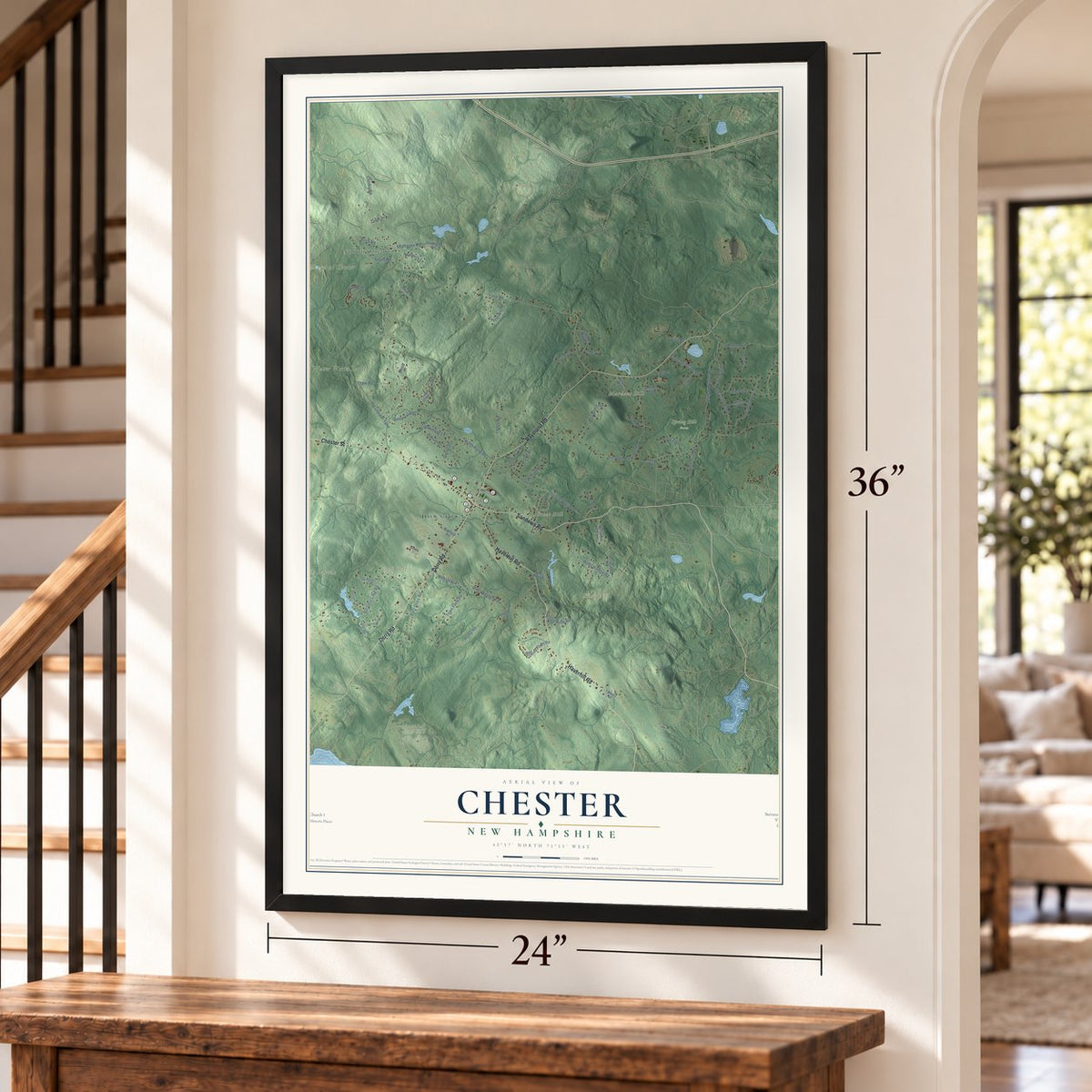Chester, New Hampshire map, 24 x 36 inch print in a black frame by a staircase