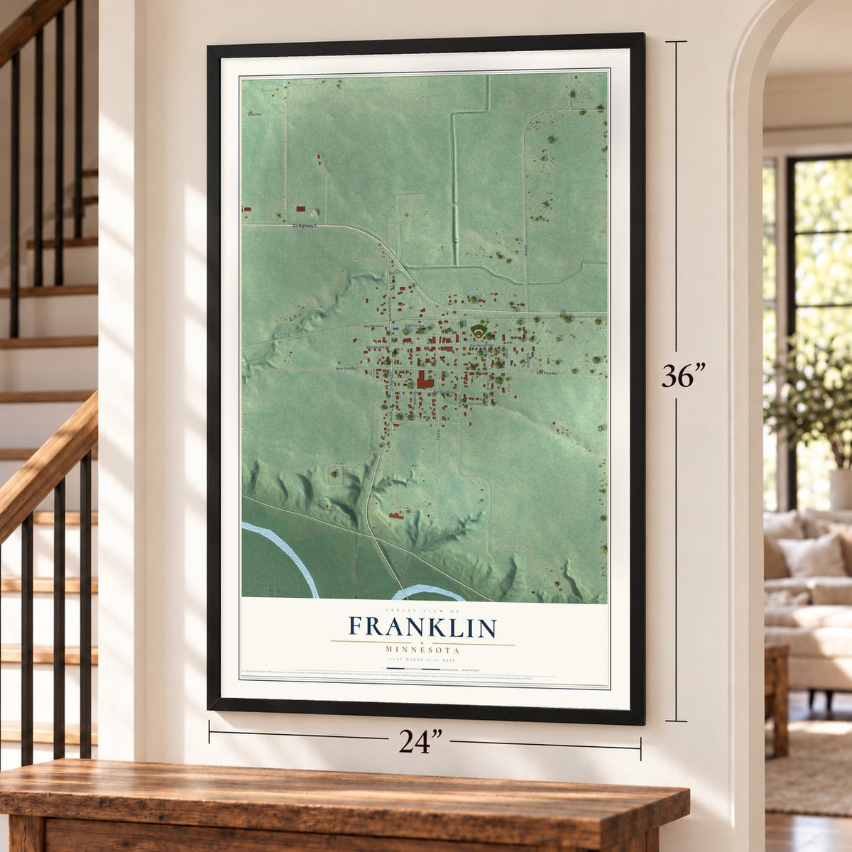 Franklin, Minnesota map, 24 x 36 inch print in a black frame by a staircase