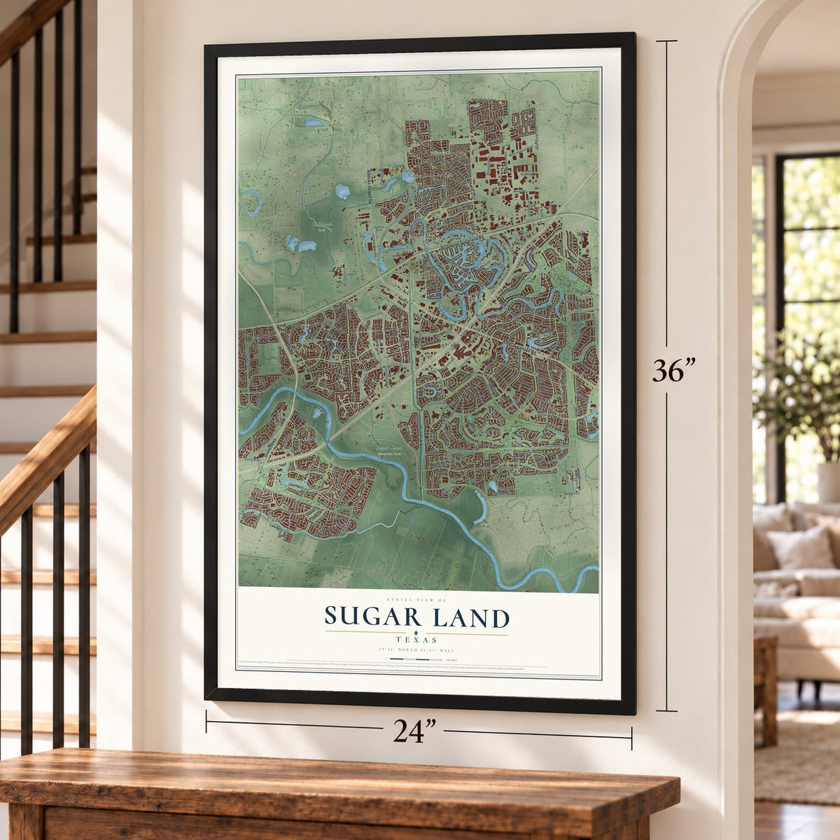 Sugar Land, Texas map, 24 x 36 inch print in a black frame by a staircase