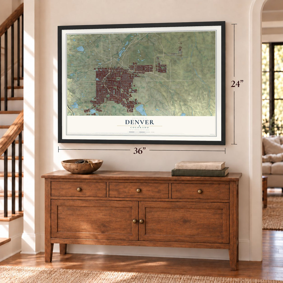 Denver, Colorado map, 24 x 36 inch print in a black frame above a dresser by a staircase