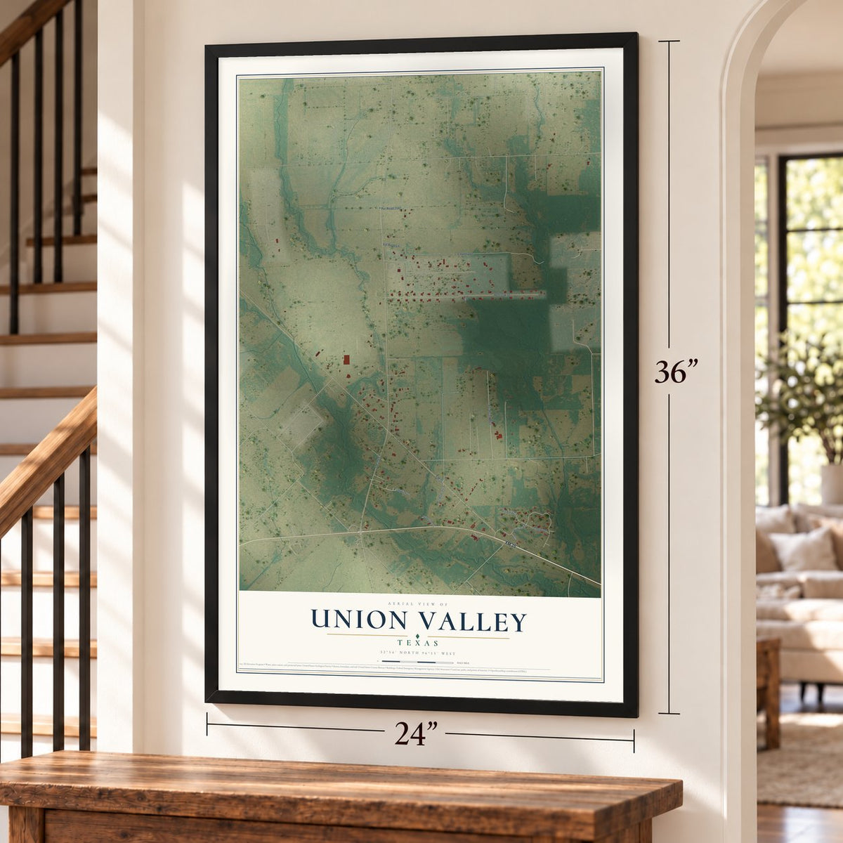 Union Valley, Texas map, 24 x 36 inch print in a black frame by a staircase