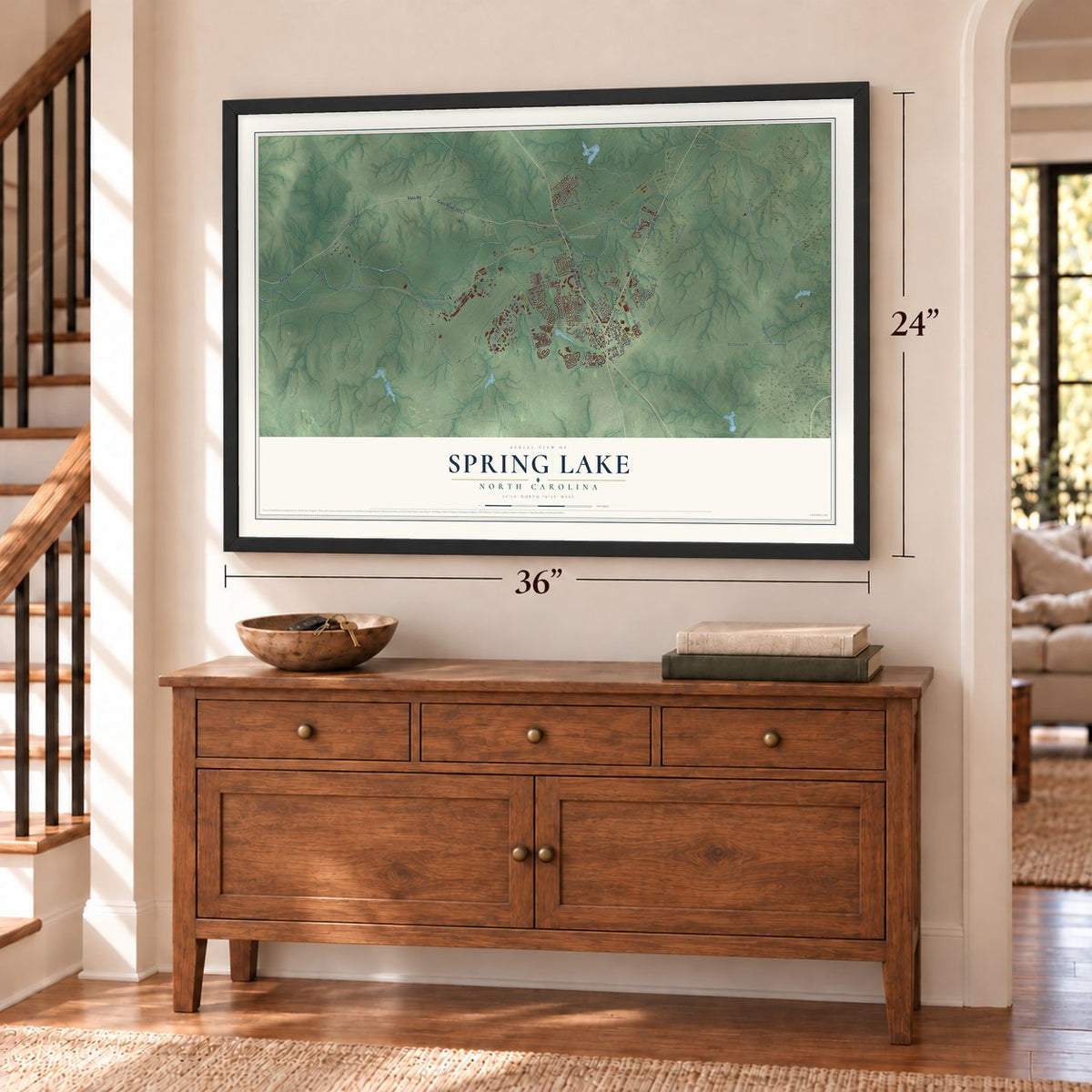 Spring Lake, North Carolina map, 24 x 36 inch print in a black frame above a dresser by a staircase