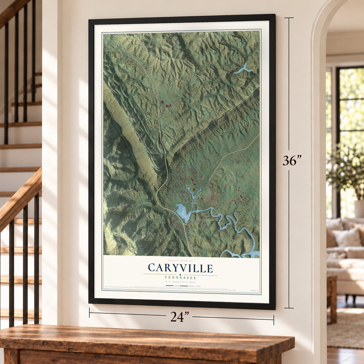 Caryville, Tennessee map, 24 x 36 inch print in a black frame by a staircase