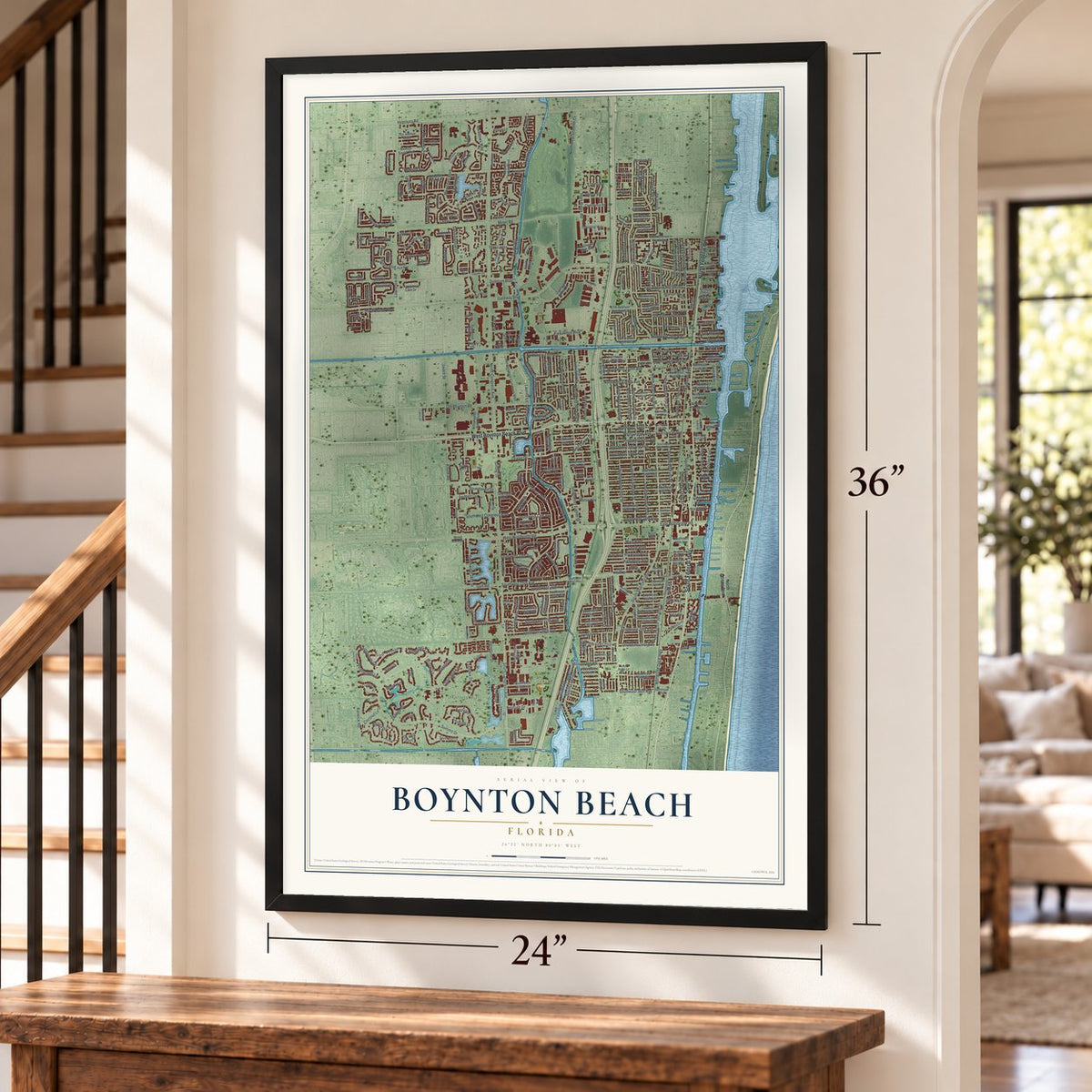 Boynton Beach, Florida map, 24 x 36 inch print in a black frame by a staircase