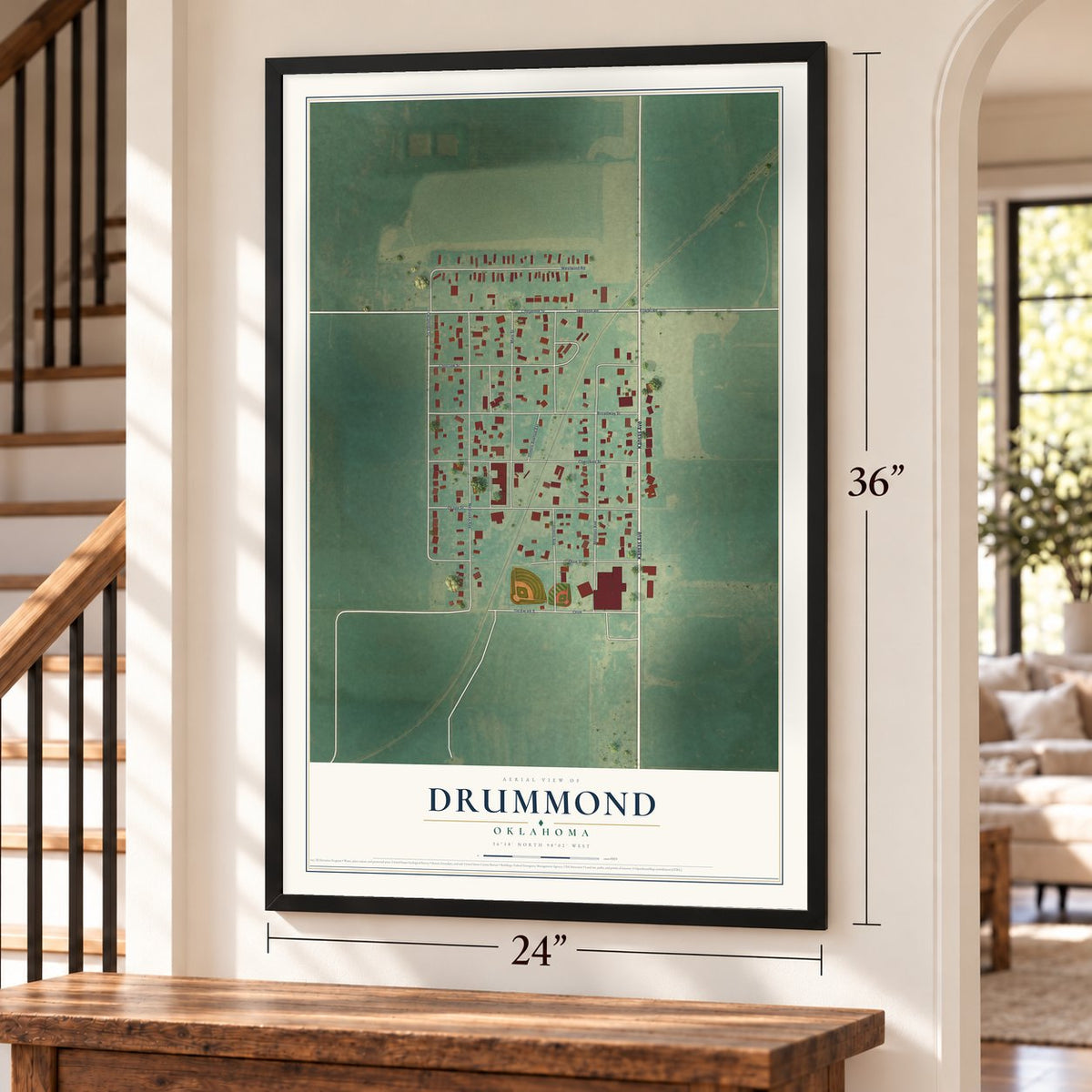Drummond, Oklahoma map, 24 x 36 inch print in a black frame by a staircase