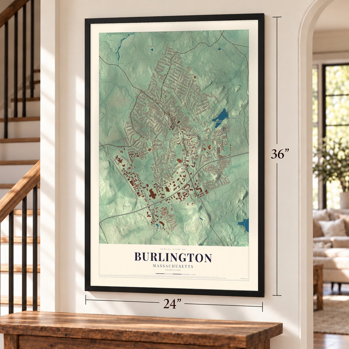 Burlington, Massachusetts map, 24 x 36 inch print in a black frame by a staircase