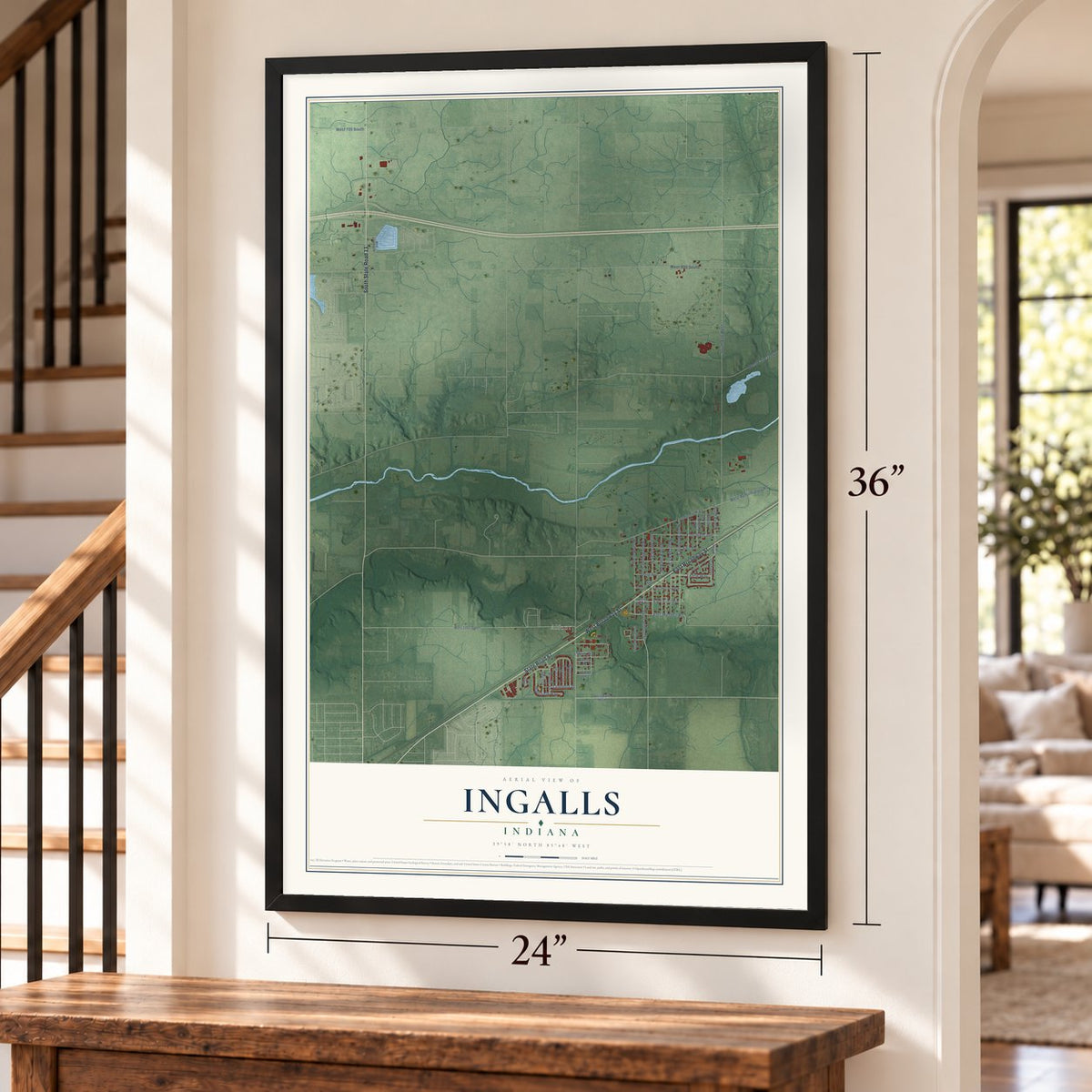 Ingalls, Indiana map, 24 x 36 inch print in a black frame by a staircase