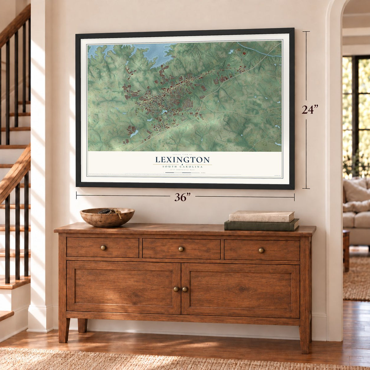Lexington, South Carolina map, 24 x 36 inch print in a black frame above a dresser by a staircase