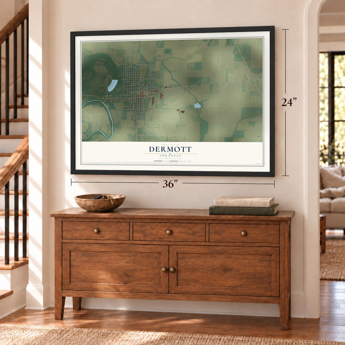 Dermott, Arkansas map, 24 x 36 inch print in a black frame above a dresser by a staircase