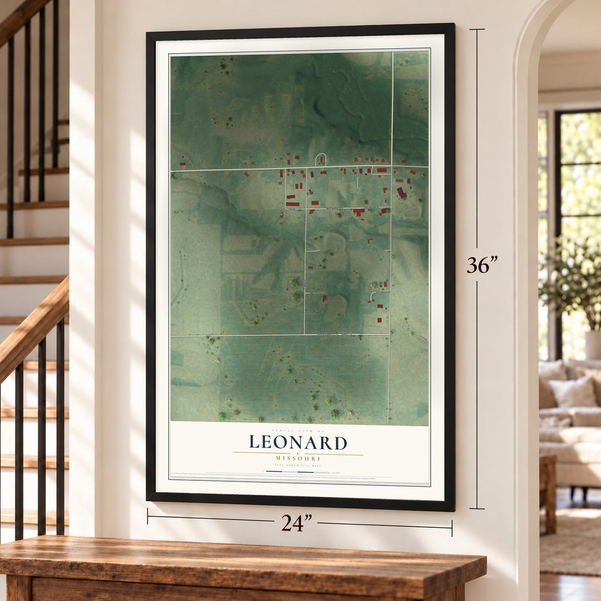 Leonard, Missouri map, 24 x 36 inch print in a black frame by a staircase