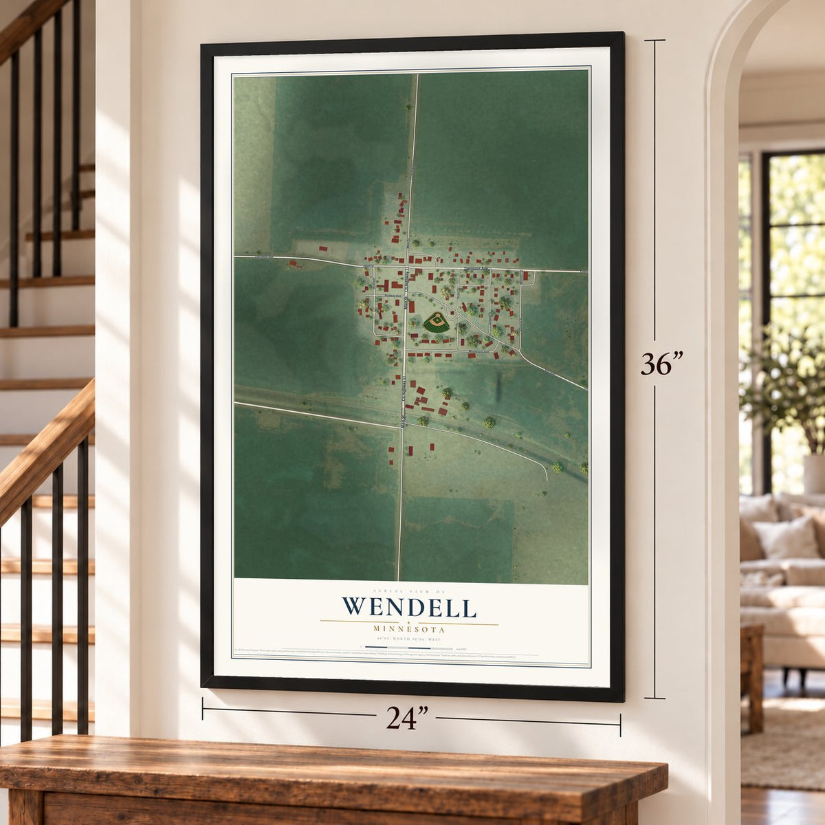 Wendell, Minnesota map, 24 x 36 inch print in a black frame by a staircase