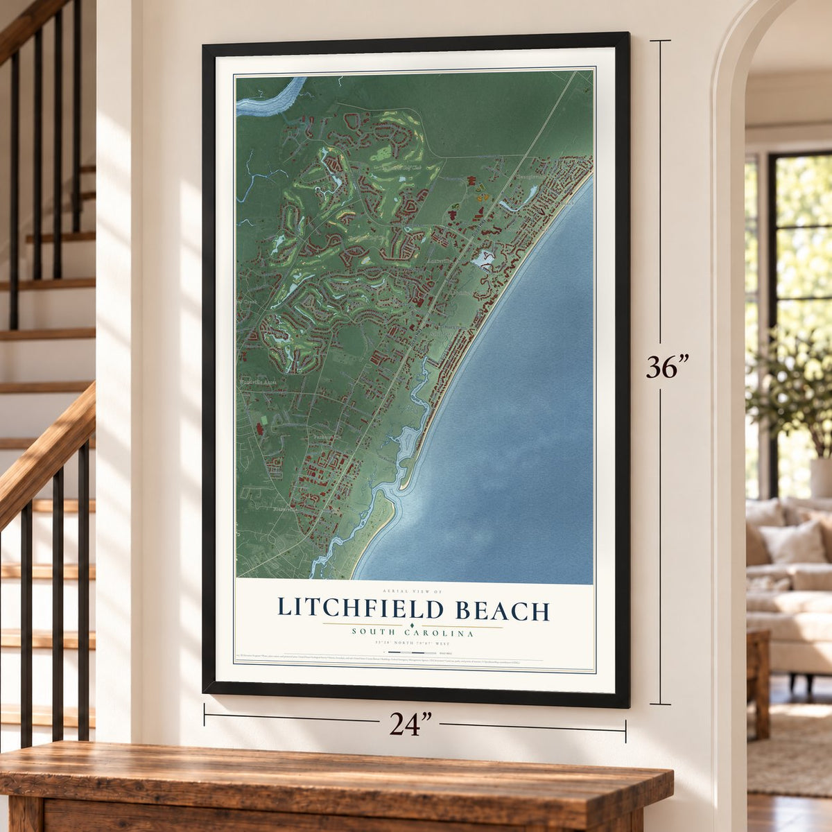 Litchfield Beach, South Carolina map, 24 x 36 inch print in a black frame by a staircase