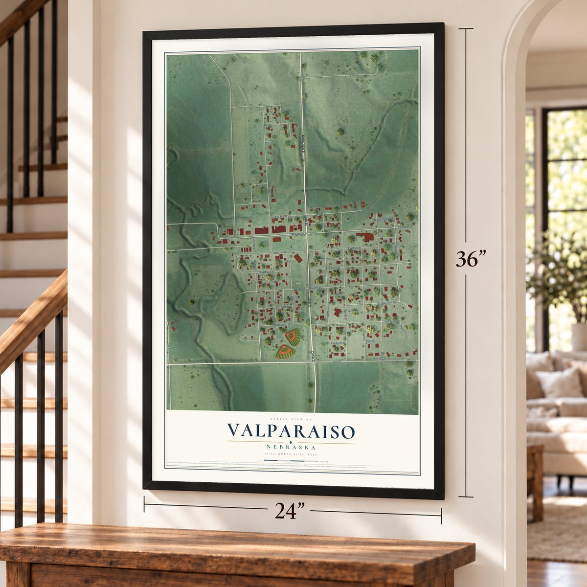 Valparaiso, Nebraska map, 24 x 36 inch print in a black frame by a staircase