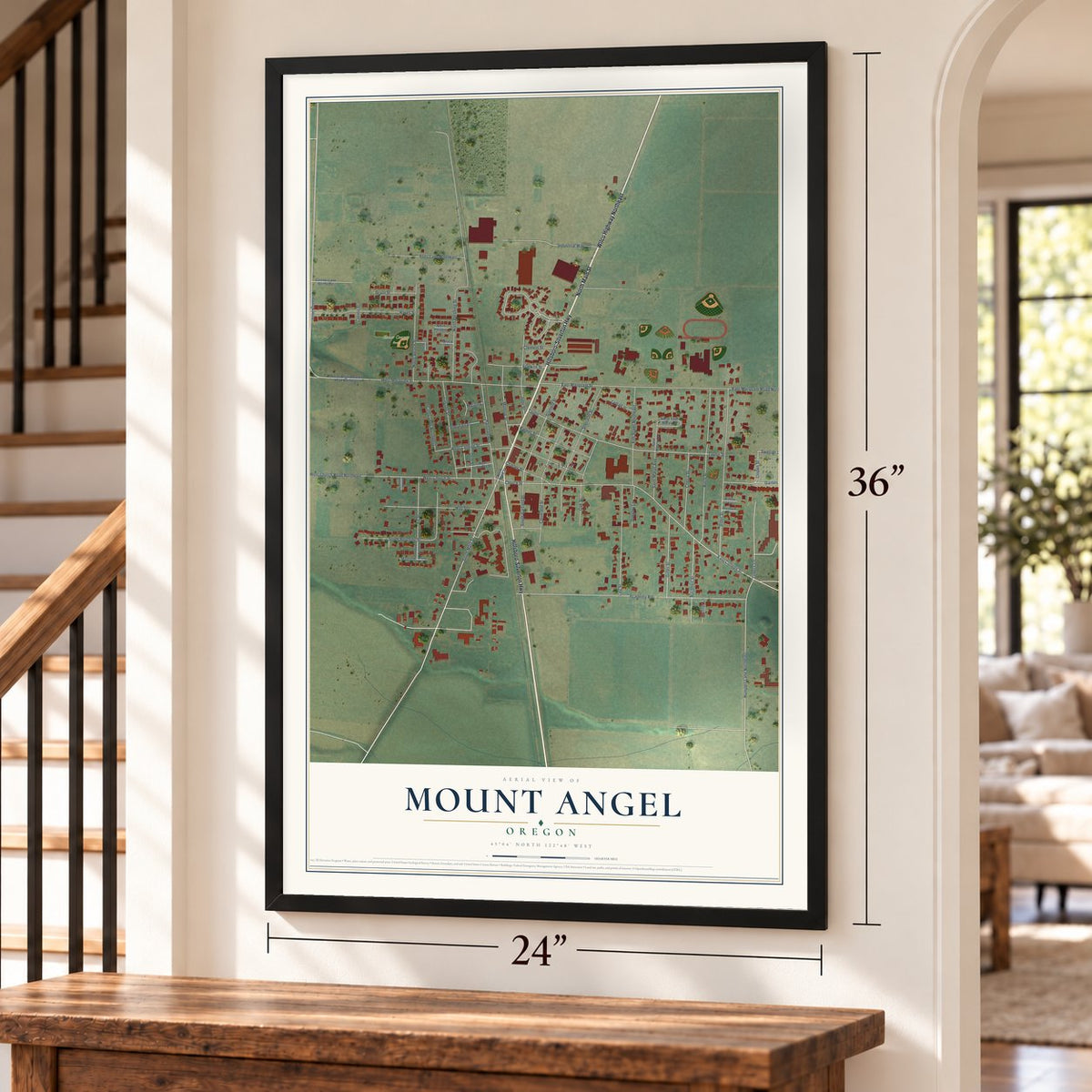 Mount Angel, Oregon map, 24 x 36 inch print in a black frame by a staircase