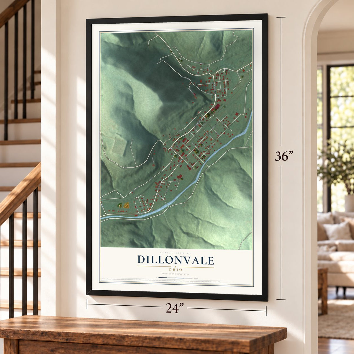 Dillonvale, Ohio map, 24 x 36 inch print in a black frame by a staircase