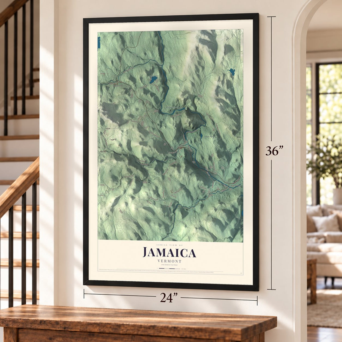 Jamaica, Vermont map, 24 x 36 inch print in a black frame by a staircase