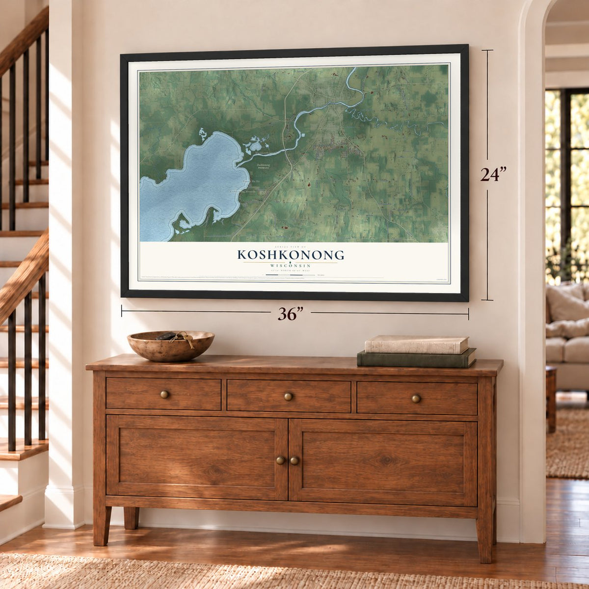 Koshkonong, Wisconsin map, 24 x 36 inch print in a black frame above a dresser by a staircase