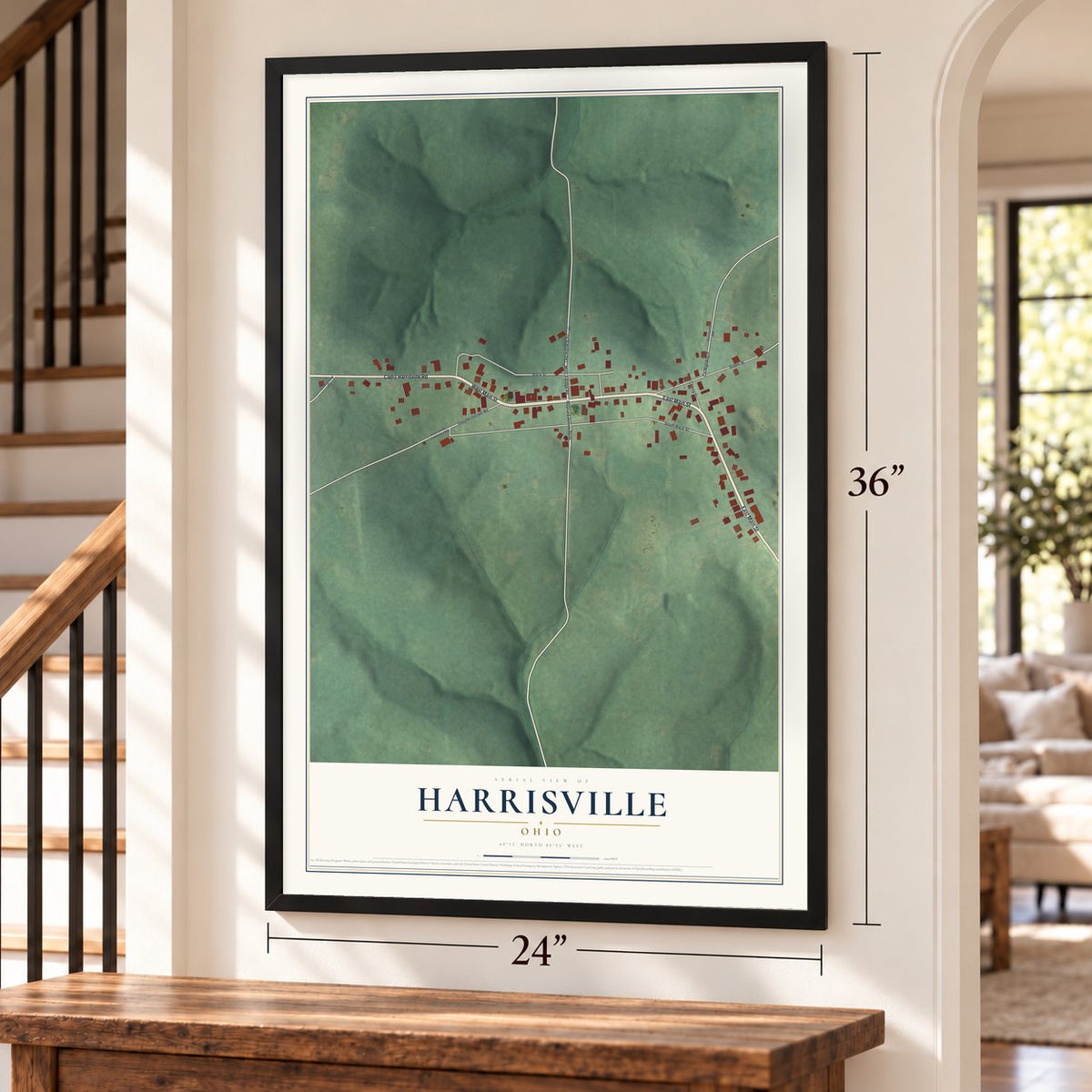 Harrisville, Ohio map, 24 x 36 inch print in a black frame by a staircase
