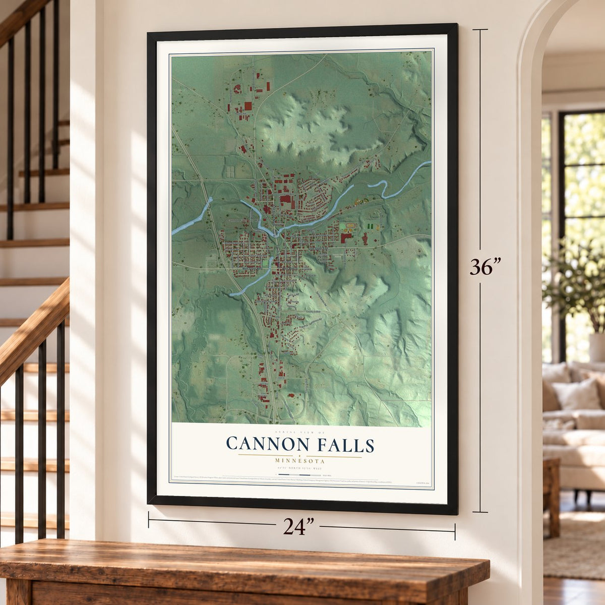 Cannon Falls, Minnesota map, 24 x 36 inch print in a black frame by a staircase