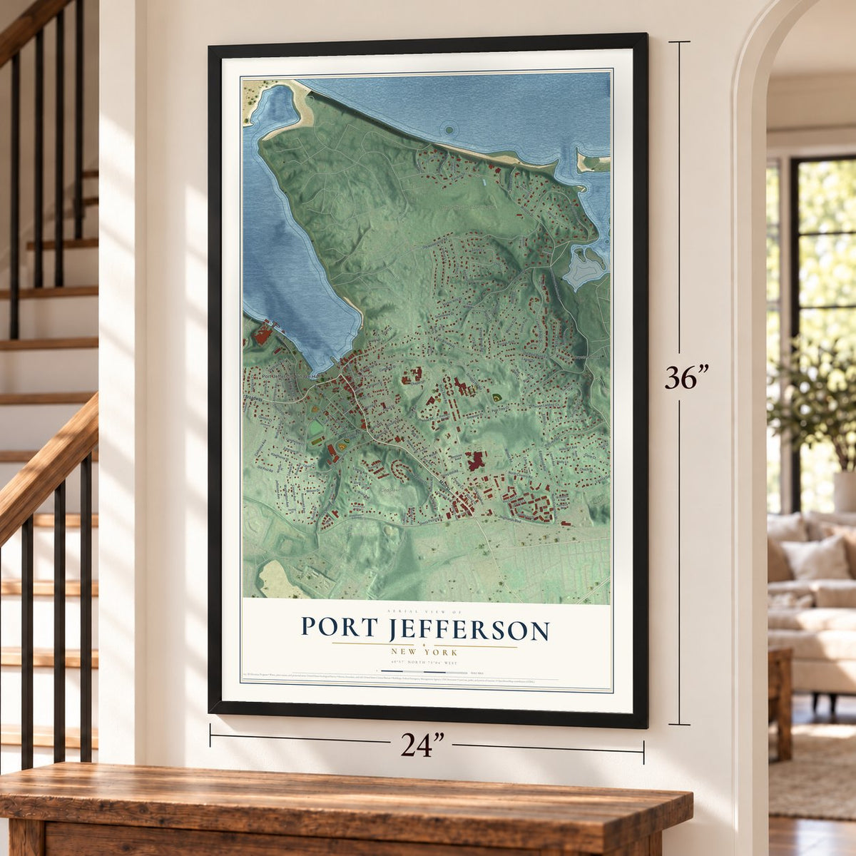 Port Jefferson, New York map, 24 x 36 inch print in a black frame by a staircase