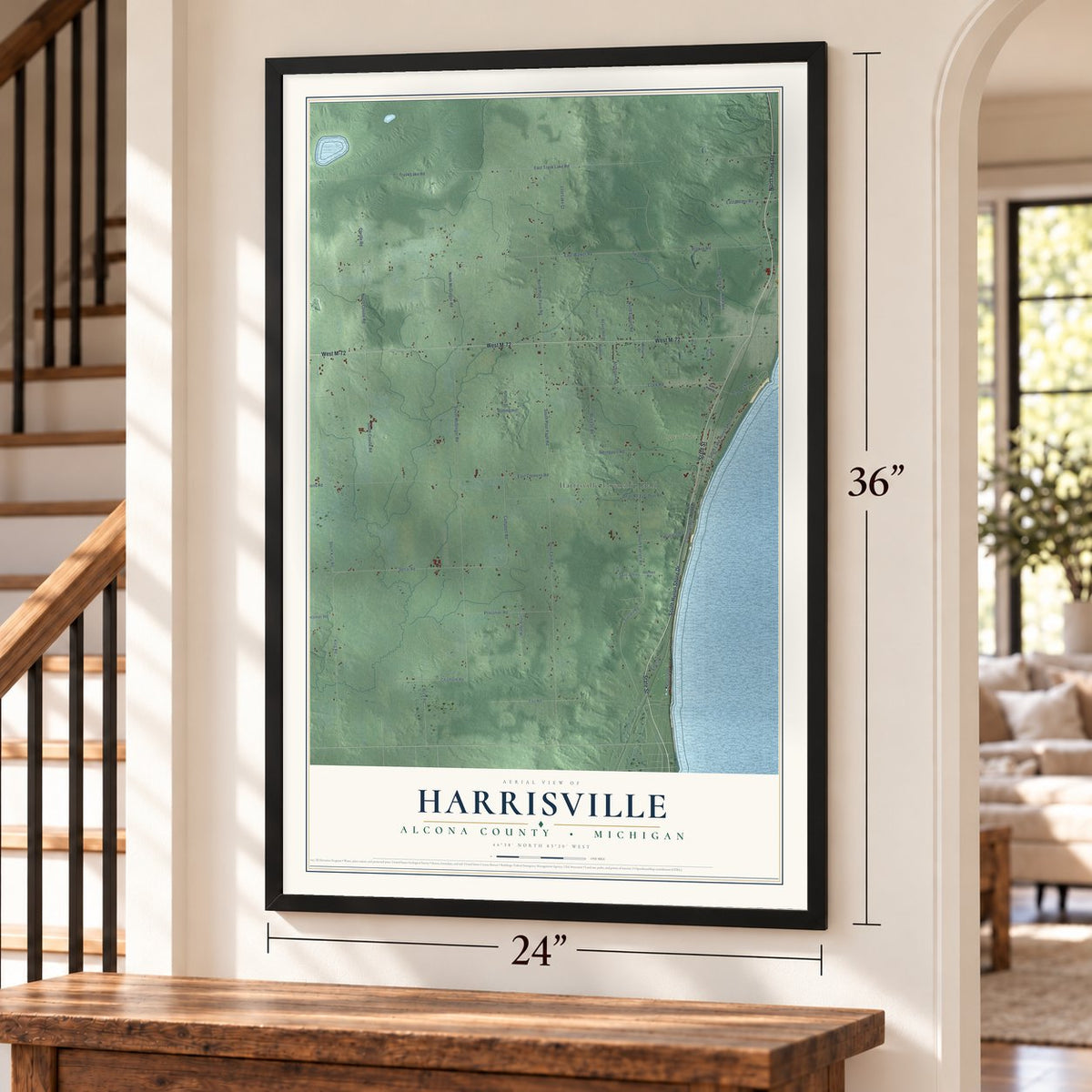 Harrisville, Alcona County, Michigan map, 24 x 36 inch print in a black frame by a staircase