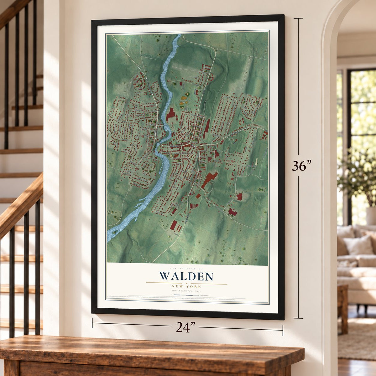 Walden, New York map, 24 x 36 inch print in a black frame by a staircase