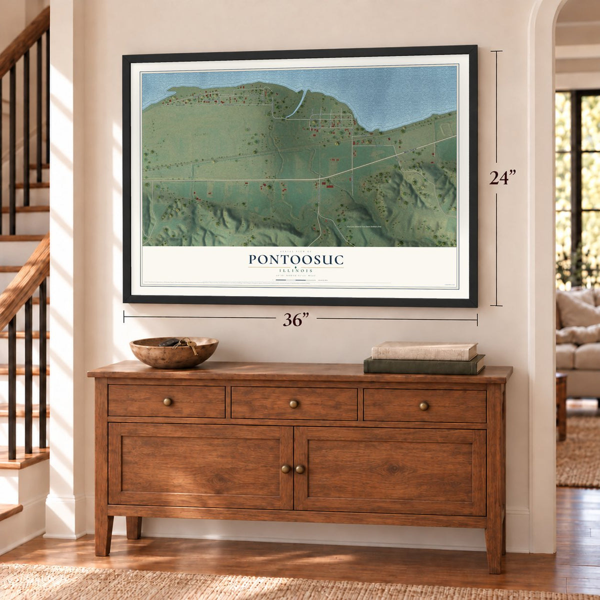 Pontoosuc, Illinois map, 24 x 36 inch print in a black frame above a dresser by a staircase