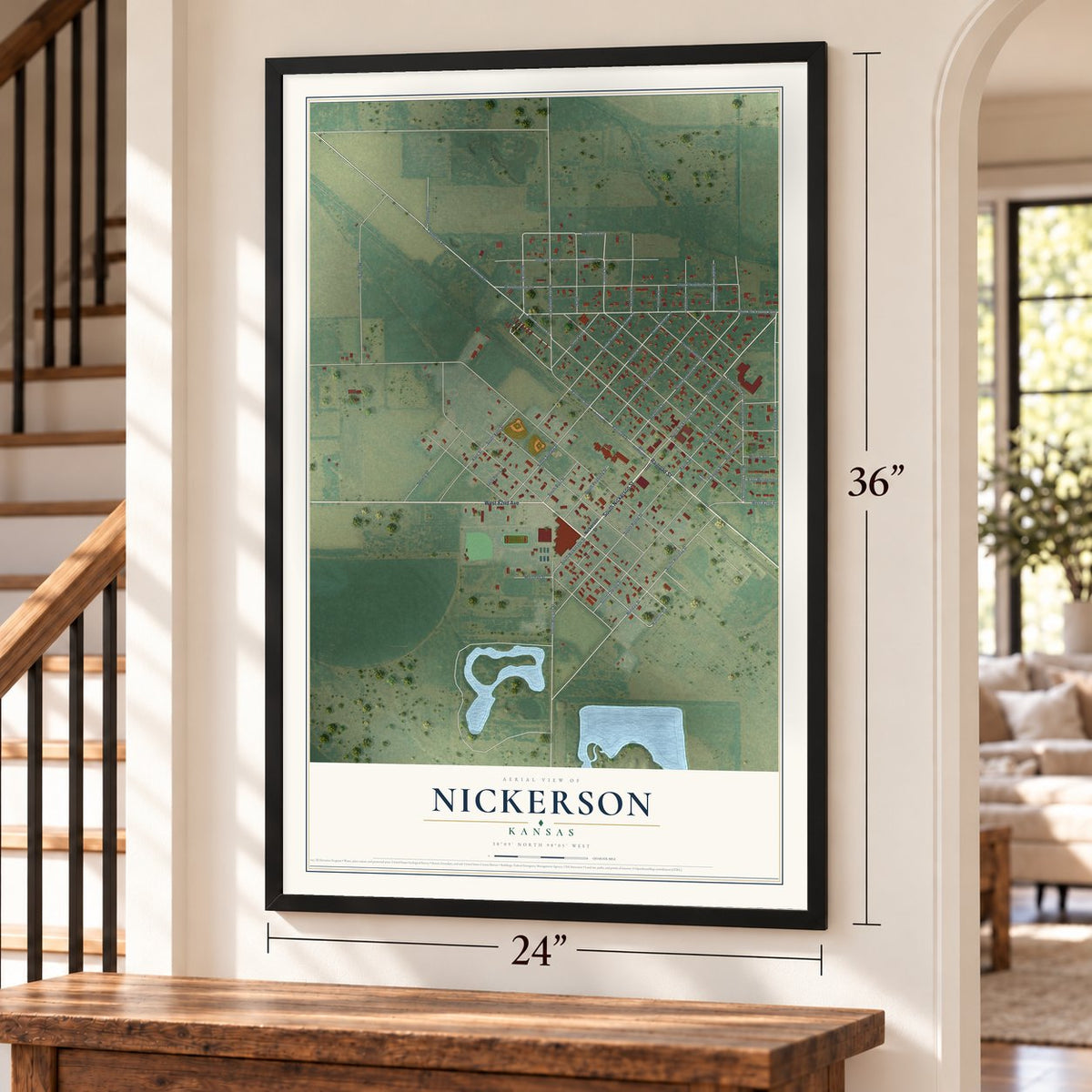 Nickerson, Kansas map, 24 x 36 inch print in a black frame by a staircase