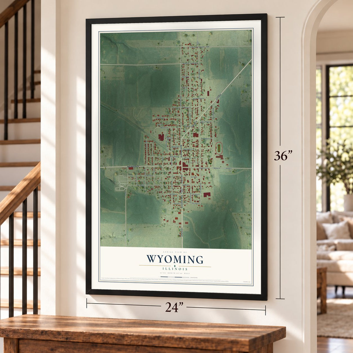 Wyoming, Illinois map, 24 x 36 inch print in a black frame by a staircase