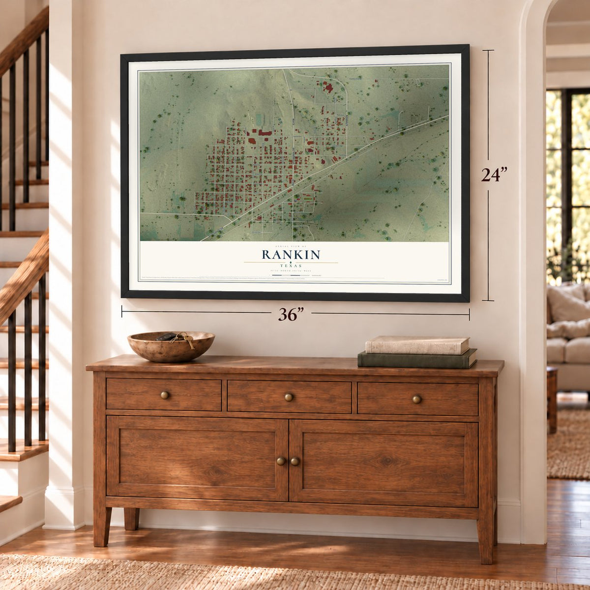 Rankin, Texas map, 24 x 36 inch print in a black frame above a dresser by a staircase