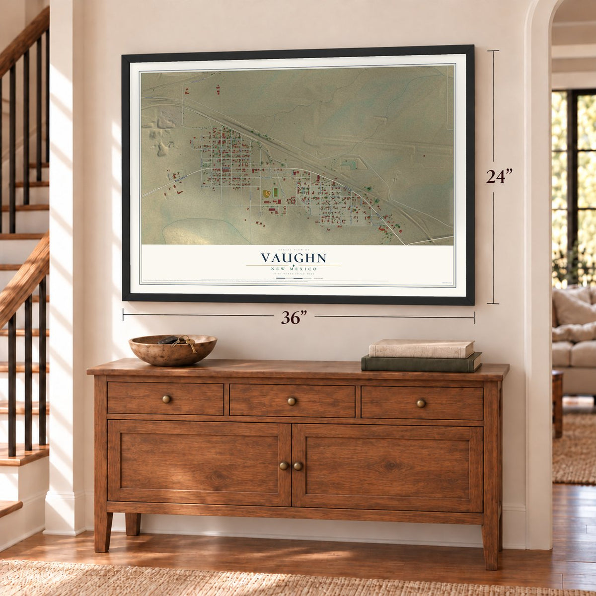 Vaughn, New Mexico map, 24 x 36 inch print in a black frame above a dresser by a staircase