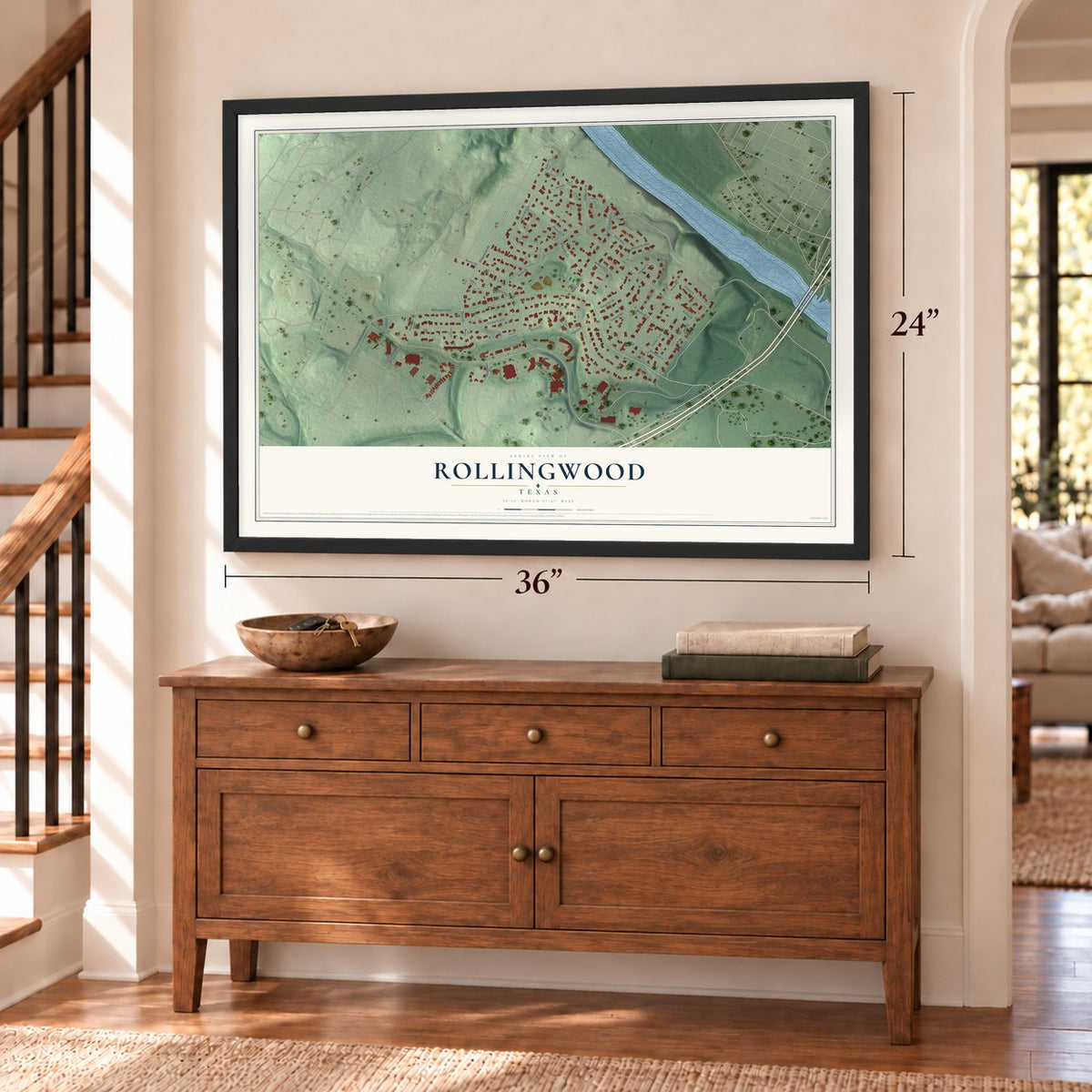 Rollingwood, Texas map, 24 x 36 inch print in a black frame above a dresser by a staircase