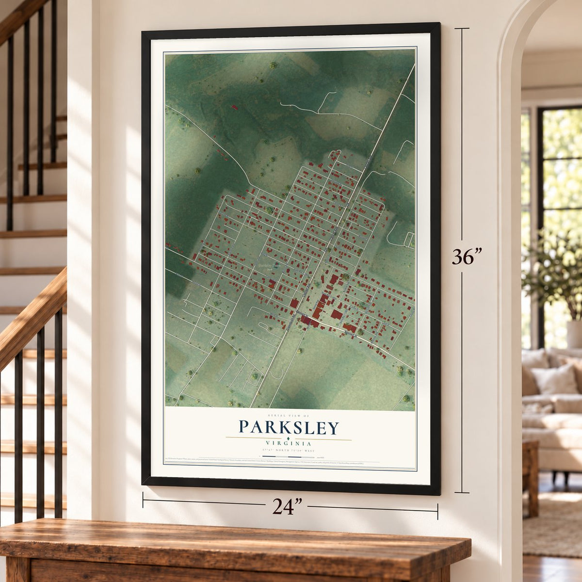 Parksley, Virginia map, 24 x 36 inch print in a black frame by a staircase