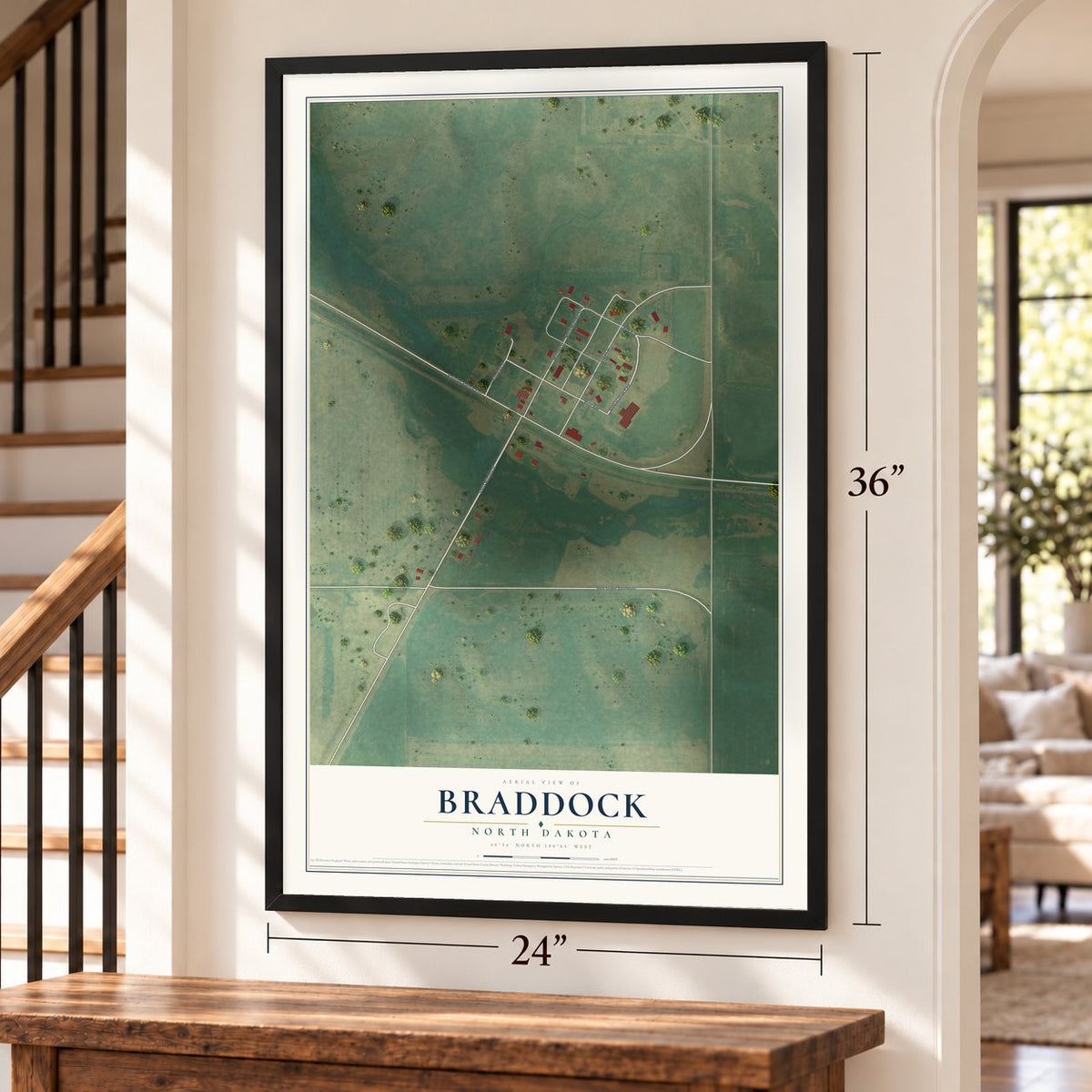 Braddock, North Dakota map, 24 x 36 inch print in a black frame by a staircase