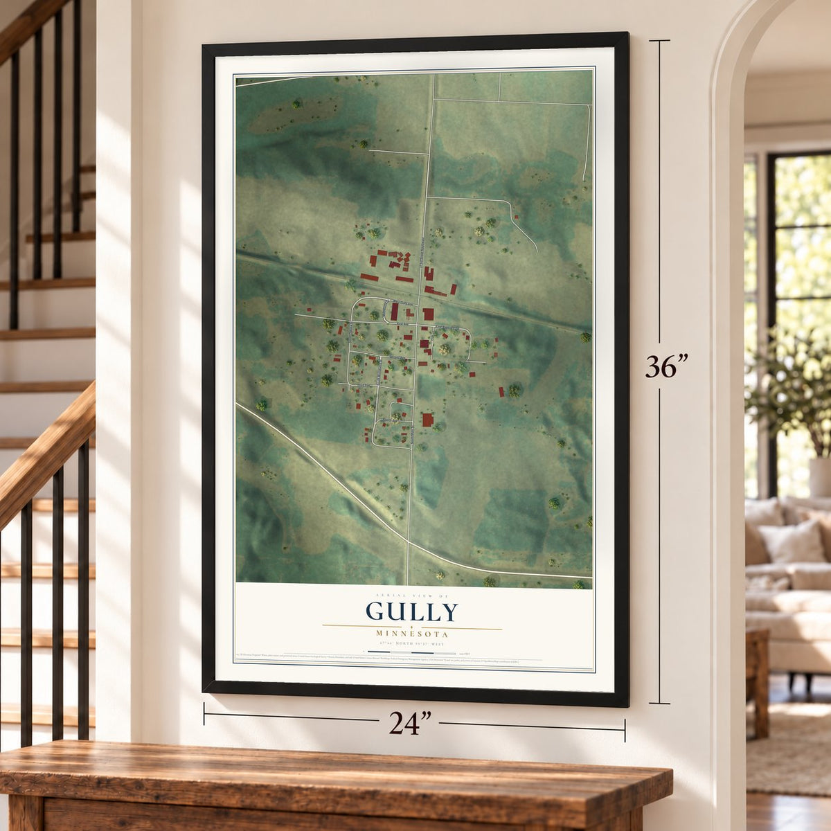 Gully, Minnesota map, 24 x 36 inch print in a black frame by a staircase